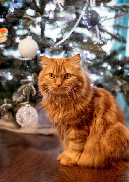 Gato de Navidad Retrato de gato rojo esponjoso en el fondo del árbol de Navidad y luces de guirnaldas