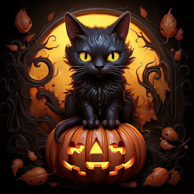 Gato negro 3d con tema de halloween murciélago de calabaza colorido estilo retro