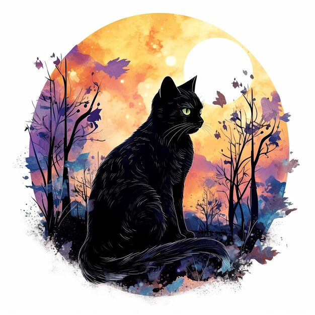 Gato negro en acuarela del bosque iluminado por la luna para el diseño de camisetas