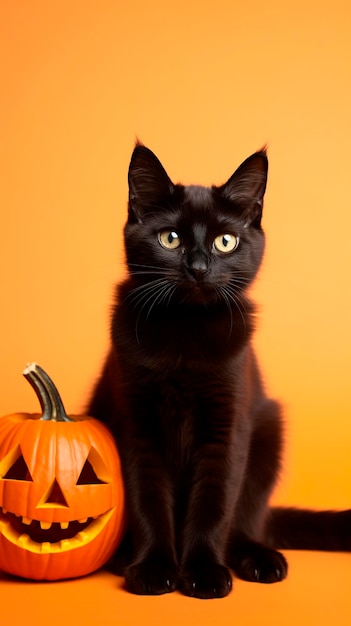 Gato Negro Adorável em Traje de Halloween com Abóboras Malvadas