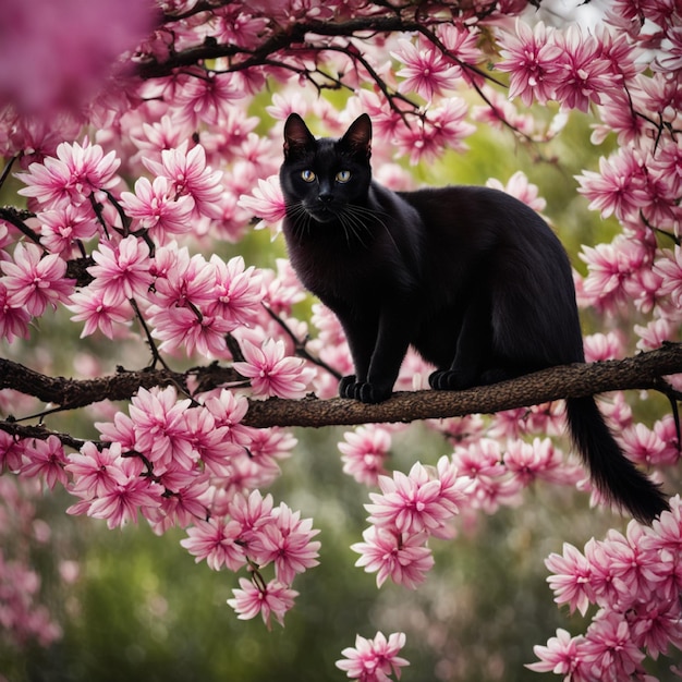 Gato negro en el árbol de flores