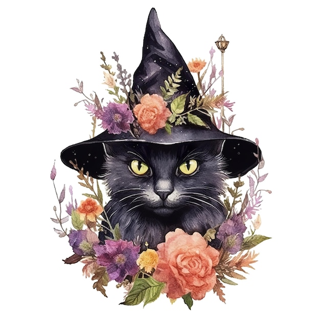 Gato negro boho acuarela con sombrero de bruja con flores botánicas sobre fondo blanco aislado