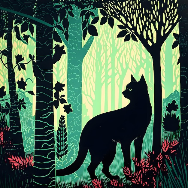 Un gato negro se para en un bosque con un fondo verde.