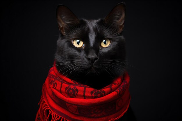 un gato negro con una bufanda roja alrededor de su cuello