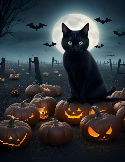 Un gato negro con calabazas de Halloween