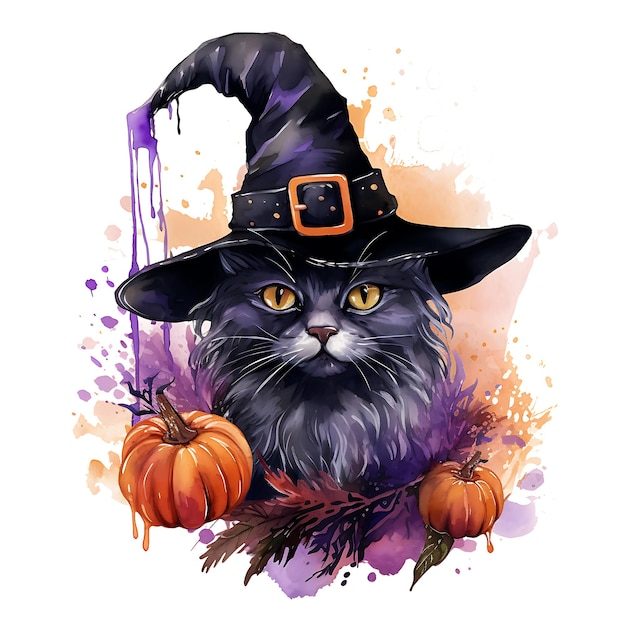 Foto gato negro con calabazas ilustración de halloween