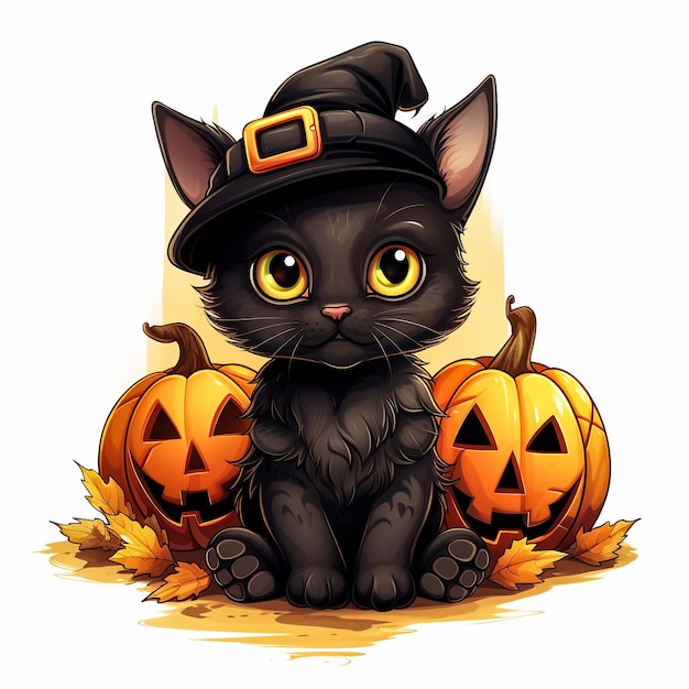 Gato negro con calabazas ilustración de Halloween