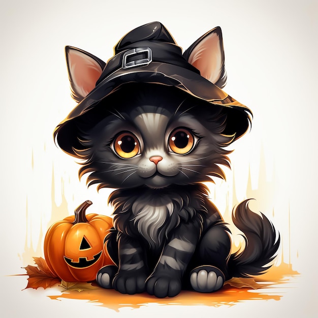 Gato negro con calabazas ilustración de Halloween