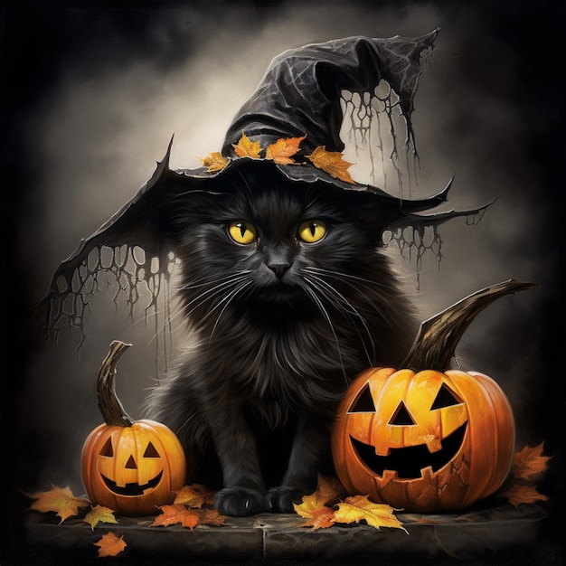 gato negro con calabazas ilustración de tema de halloween