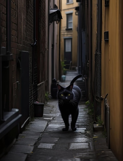 Un gato negro en las calles de la ciudad