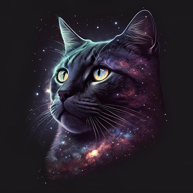 Un gato negro con la cara negra y las palabras "galaxia" en la parte inferior.