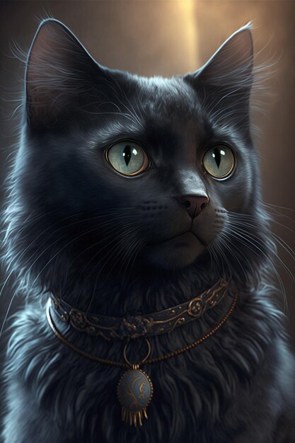 Un gato negro con collar y una cadena de oro alrededor.