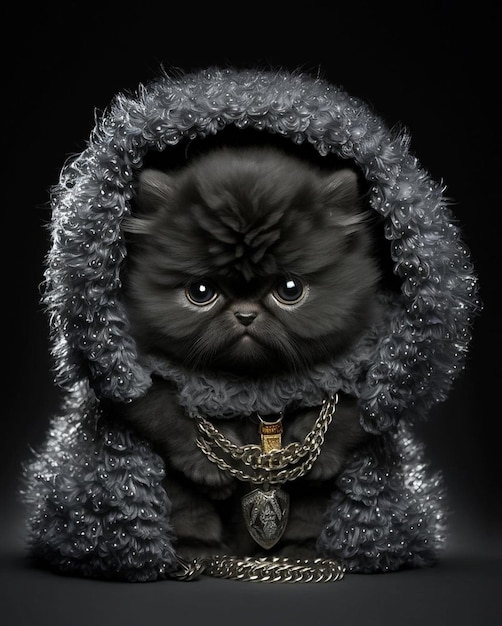 Un gato negro con un collar de plata y una cadena de oro alrededor del cuello.