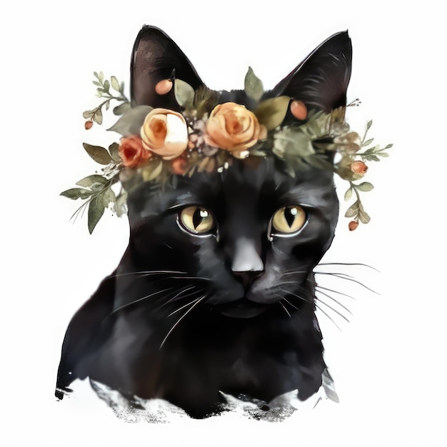 Un gato negro con una corona de flores en la cabeza.