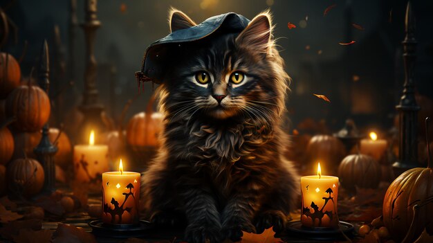 Gato negro y decoraciones de Halloween aterradoras