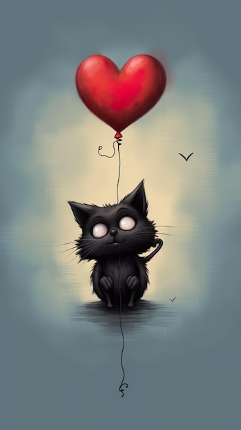 Gato negro de dibujos animados flotando atado a un globo en forma de corazón cartel del día internacional del gato