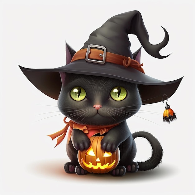 Gato negro de dibujos animados con un sombrero de bruja con un ai generativo de calabaza