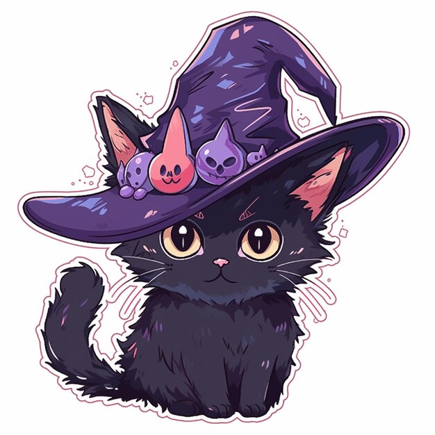 Foto gato negro de dibujos animados con un sombrero de bruja con calaveras en él