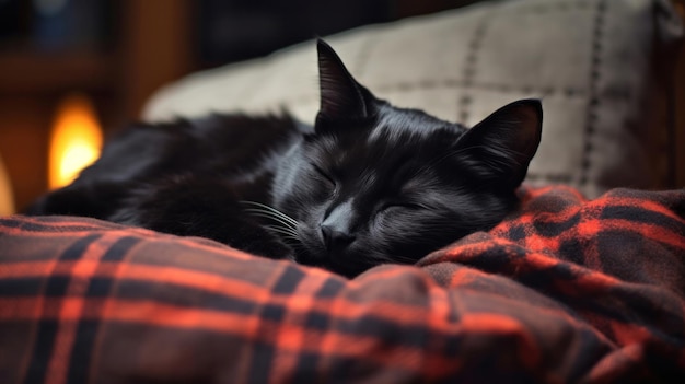 El gato negro duerme en un cómodo sofá oscuro con una manta suave.