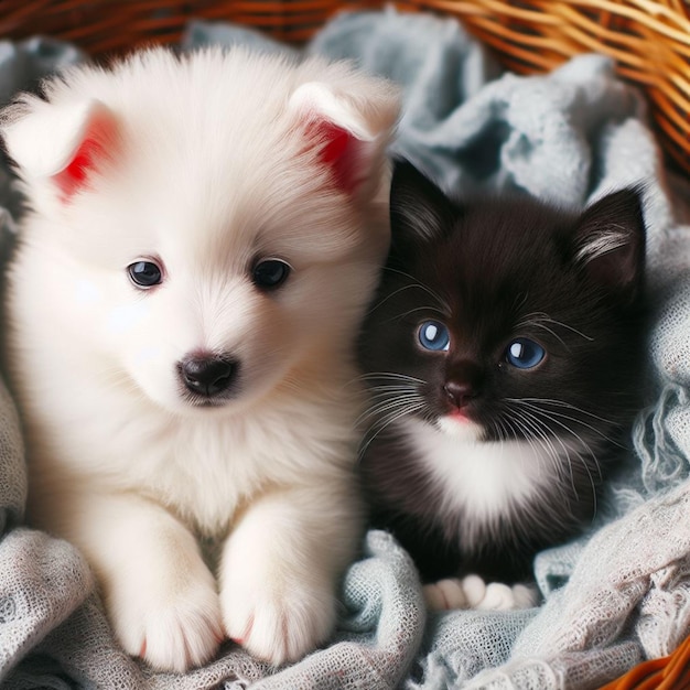 Foto gato negro e cão branco