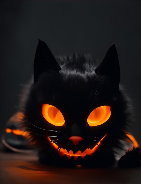 gato negro espeluznante y calabaza de halloween en un lugar oscuro