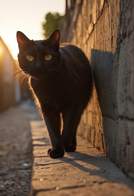 un gato negro está caminando por una acera en el sol