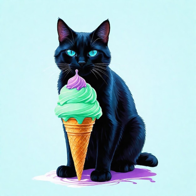 un gato negro está comiendo un cono de helado