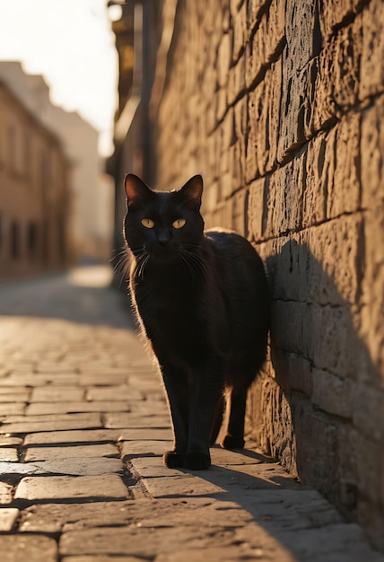 un gato negro está de pie en un camino de piedra en un callejón