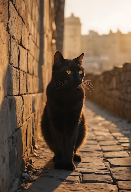 un gato negro está de pie en un camino de piedra en el sol