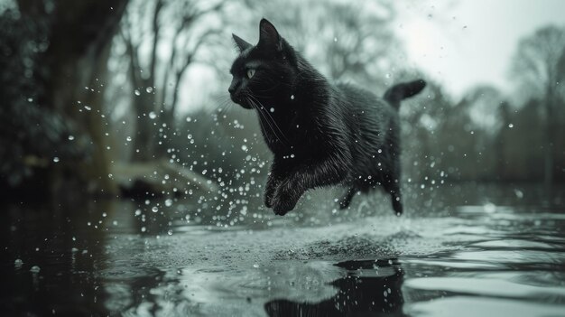 un gato negro está saltando de un árbol a un lago fotografía en blanco y negro