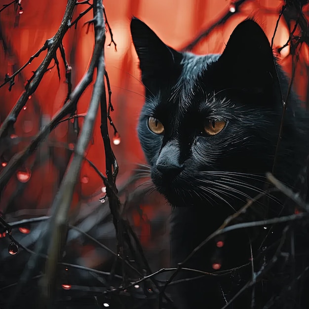 Un gato negro está sentado en un árbol.