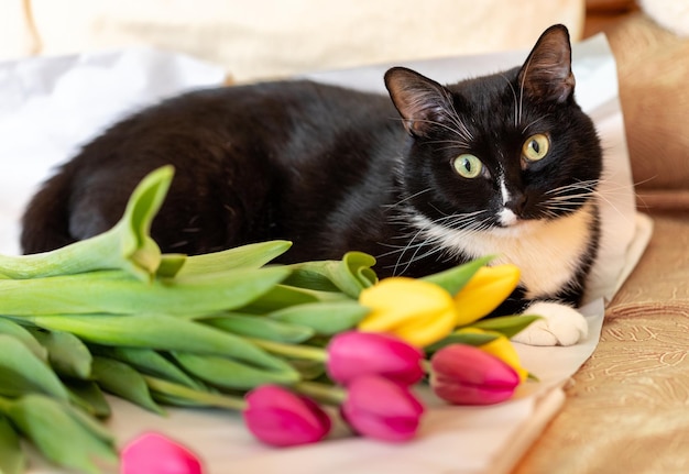 El gato negro está tirado en papel de envolver con un ramo de tulipanes mirando a la cámara