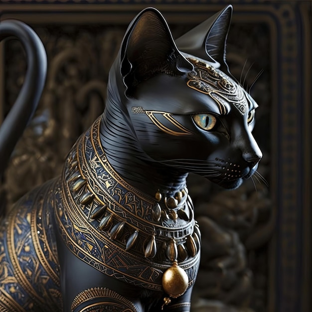 Foto gato negro estatua dorada de la antigua diosa egipcia bastet