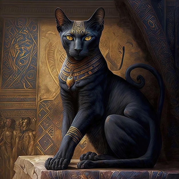 Foto gato negro estatua dorada de la antigua diosa egipcia bastet