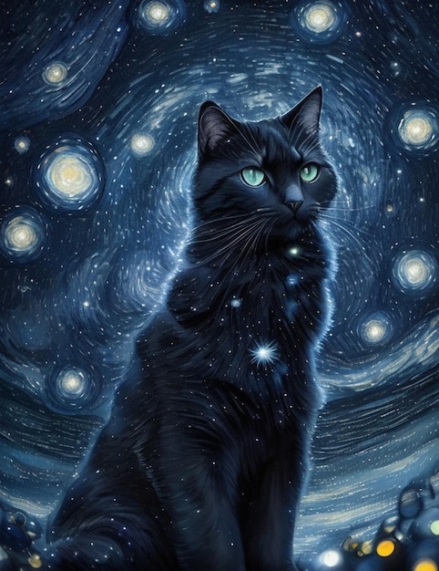 Un gato negro con una estrella en el cielo.