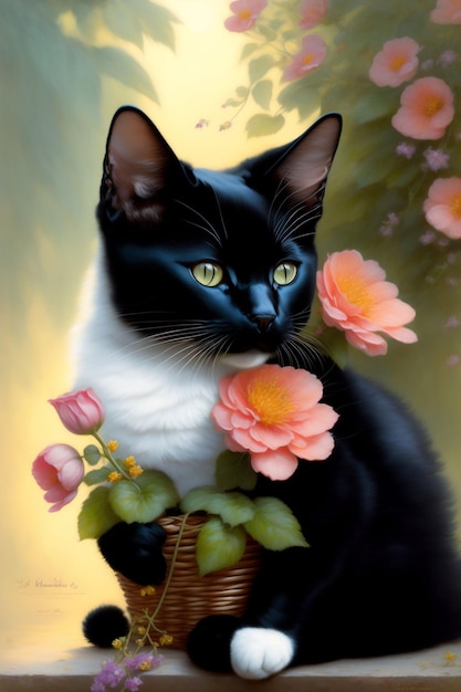 Gato negro floral