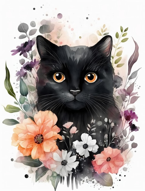 Un gato negro con flores y la palabra gato en él.