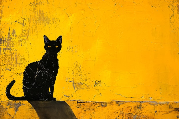 Un gato negro en un fondo amarillo vibrante