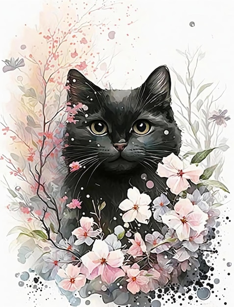 Un gato negro con un fondo floral.