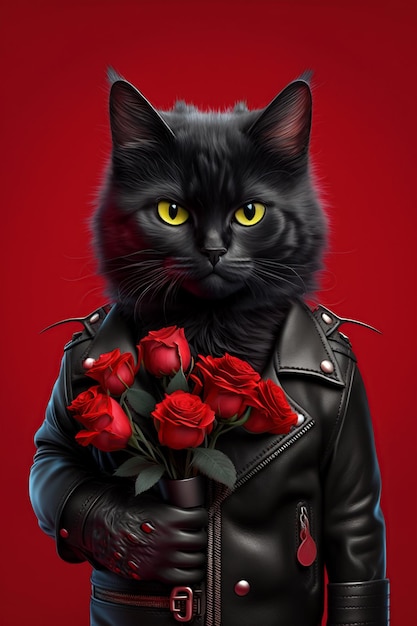 Gato negro fresco con ramo de flores de rosas rojas Carro de San Valentín