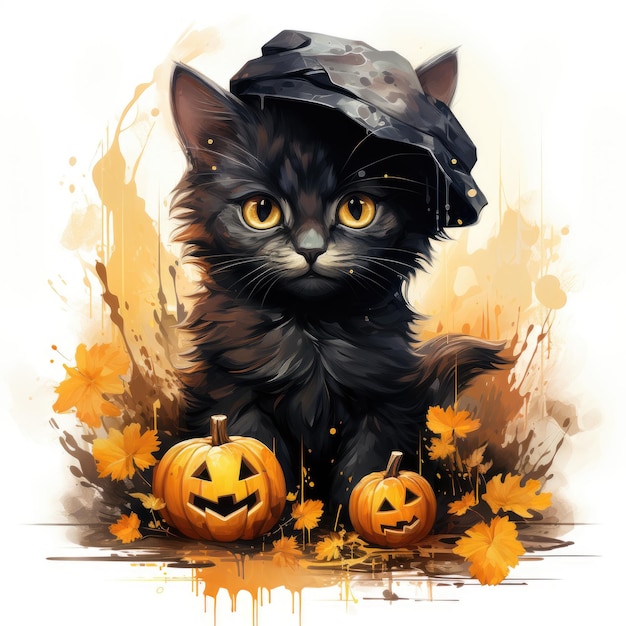 El gato negro, el gatito, la gatita, la ilustración de Halloween, las obras de arte aterradoras, el horror, el tatuaje aislado, la fantasía, la caricatura.