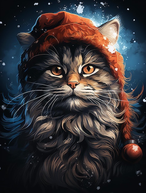 un gato negro con un gorro de Papá Noel y adornos de Papá Noel