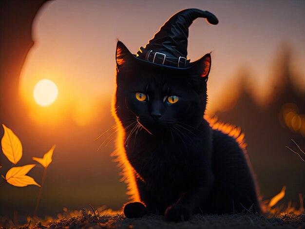 Gato negro de Halloween con un sombrero de bruja