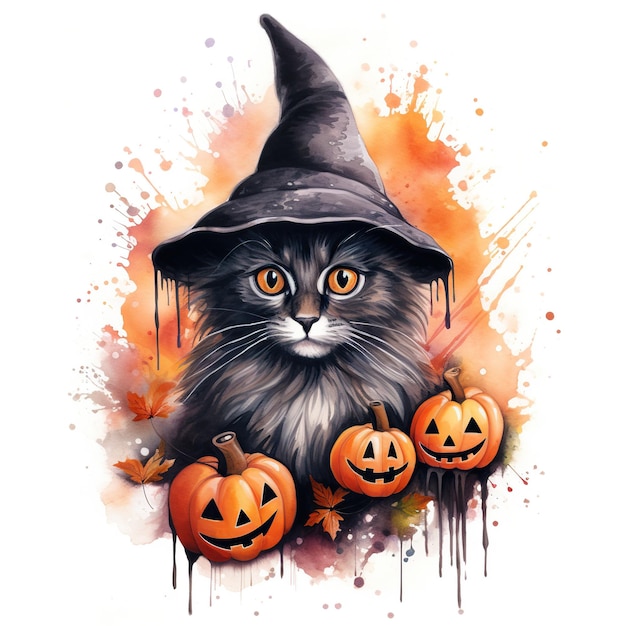 Gato negro de Halloween usa sombrero de bruja acuarela