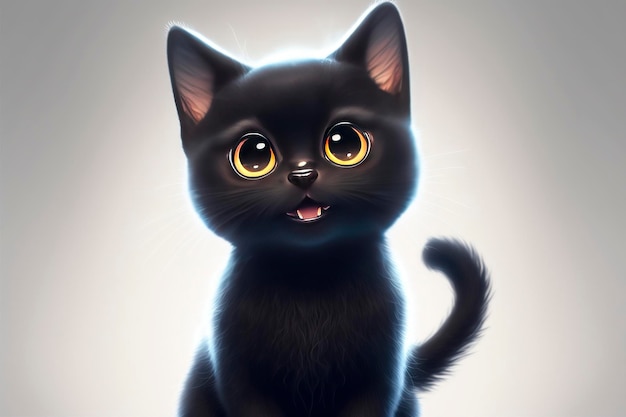 Gato negro, Ilustración de un gatito adorable con un pelaje agradable y expresiones faciales graciosas creadas con tecnología de IA generativa