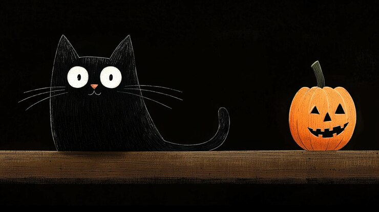 Gato negro junto a una calabaza tallada en un fondo oscuro
