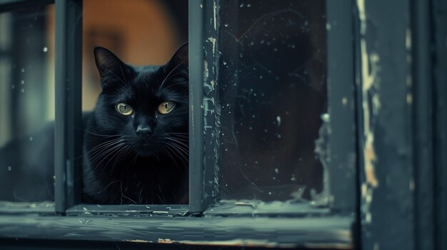 El gato negro mira por la ventana.