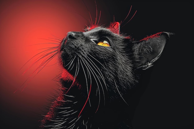 Un gato negro mirando hacia el cielo con una luz roja detrás de él