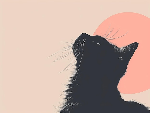 Un gato negro mirando hacia el sol frente a un fondo rosa