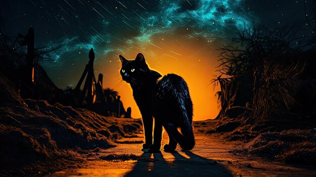 Foto un gato negro misterioso cruzando un camino iluminado por la luna.